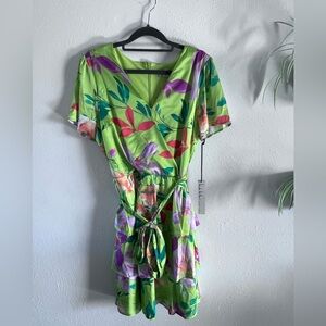 Nicole Miller Lime and Pink Floral Dress- Size Large